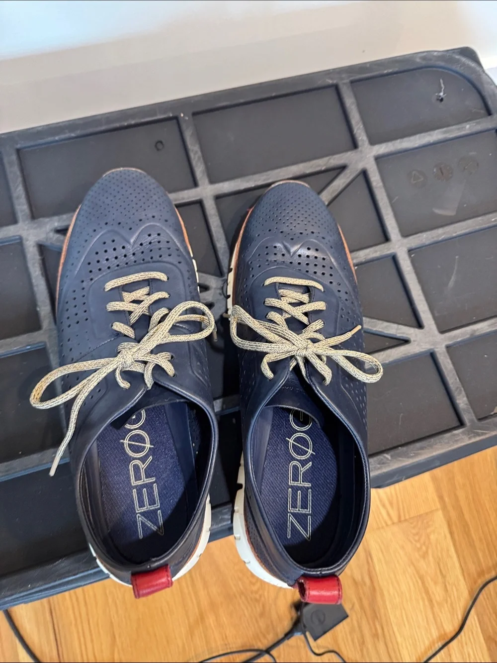 Cole Haan Navy Perforated Leather Oxfords with Tan Laces and Red Heel Tabs